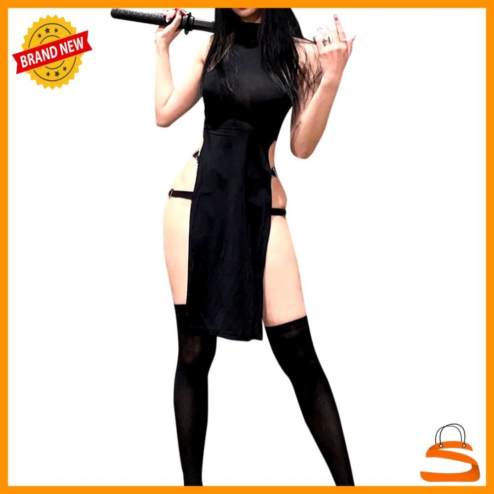 Goth Tank Dress High Slit Cosplay Costume With Stockings One Size Fitted